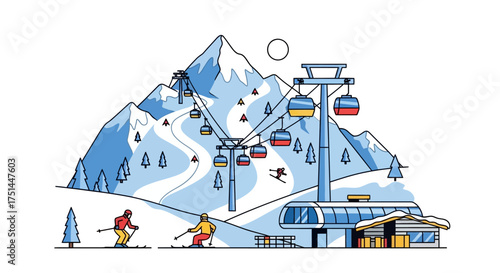 Ski resort with mountains, skiers on slopes and ski lift, winter sports and vacation
