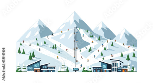Ski resort with mountains, skiers on slopes and ski lift, winter sports and vacation