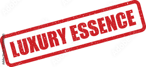 Textured rectangular rubber stamp icon displaying the prominent capital text LUXURY ESSENCE angled for a dynamic visual effect
