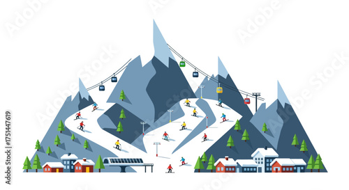 Ski resort with mountains, skiers on slopes and ski lift, winter sports and vacation