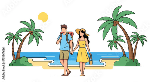 Couple Traveling on Tropical Beach, Holding Hands Vector Illustration