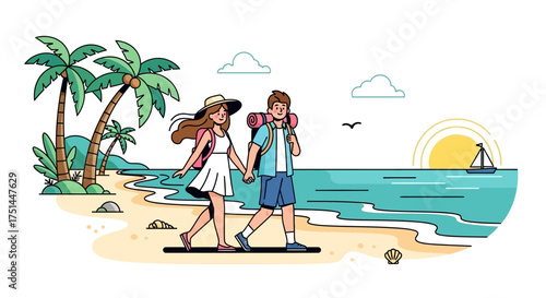 Couple Traveling on Tropical Beach, Holding Hands Vector Illustration