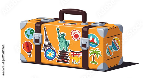 Orange suitcase covered in travel stickers of famous landmarks from around the world