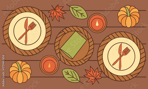 Cartoon table setting displays plates, silverware, pumpkins, leaves, and candles for a festive mood