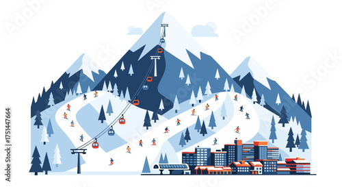 Ski resort with mountains, skiers on slopes and ski lift, winter sports and vacation