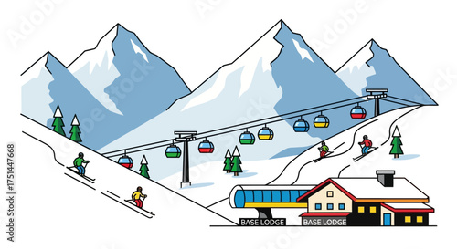 Ski resort with mountains, skiers on slopes and ski lift, winter sports and vacation