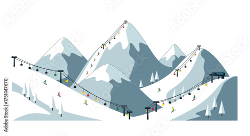 Ski resort with mountains, skiers on slopes and ski lift, winter sports and vacation