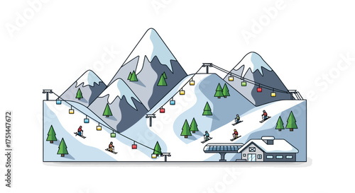 Ski resort with mountains, skiers on slopes and ski lift, winter sports and vacation