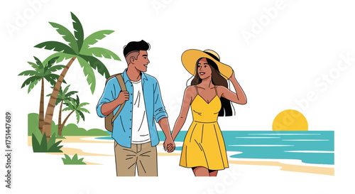 Couple Traveling on Tropical Beach, Holding Hands Vector Illustration