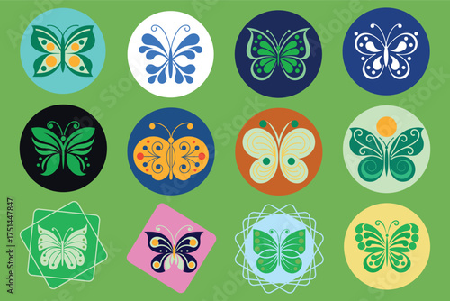 Colorful butterflies with artistic and diverse geometric designs are displayed against a green background