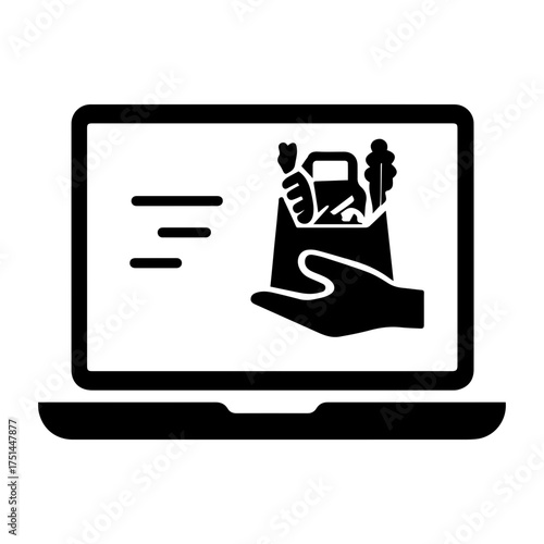 Laptop with grocery delivery icon with transparent background — representing online grocery shopping, express delivery, or e-commerce service.
