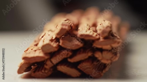 Close Up of Neatly Arranged Brown Textured Sticks Macro Shot Stacked in a Tight Formation on White Surface with Dark Background Woodworking and Sculpting Concept Art