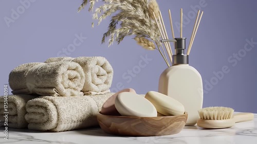 Close Up of Serene Spa Essentials Featuring Rolled White Towels with Neutral Reed Diffuser on a Marble Surface Against Pale Purple Backdrop with Soaps and Brush Rendering 3D