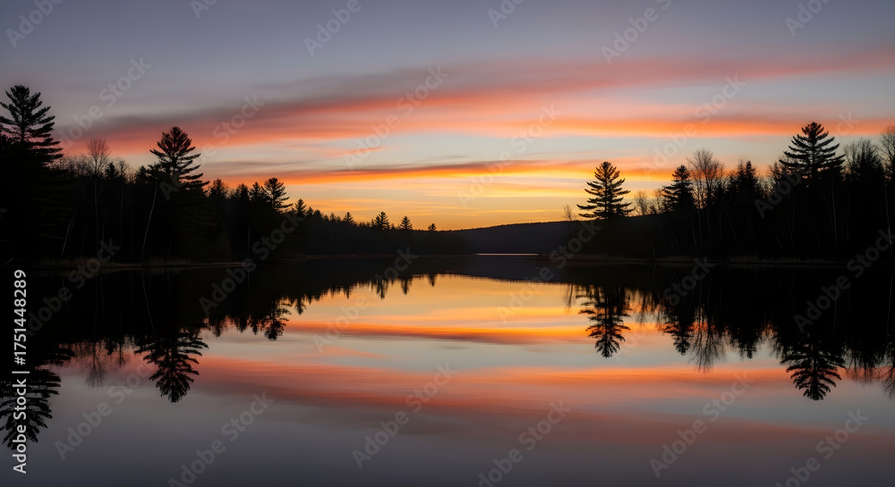 Obraz premium A serene AI-generated sunset landscape showing a beautiful reflection of colorful clouds and pine trees on a calm lake. Perfect for backgrounds, nature concepts, and peaceful outdoor scenes.