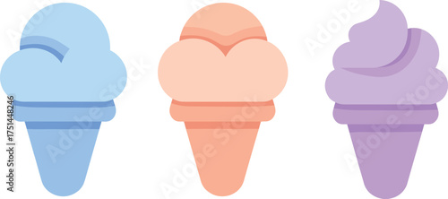 Minimalist pastel ice cream cone vector illustration set with colorful scoops, modern flat design, summer dessert graphic, sweet treat artwork