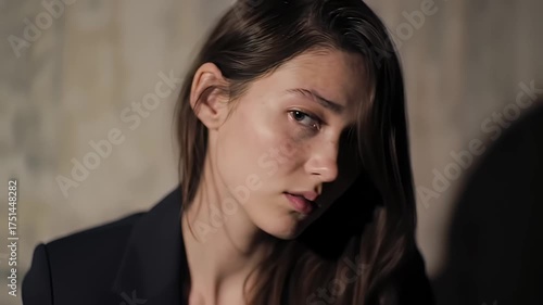 Close Up Portrait of Young Woman with Brown Hair in Dark Suit Jacket Against Textured Wall Moody Lighting Candid Vulnerable Aesthetic Corporate Presentation Or Emotional Visual Narrative