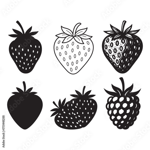 Six black outlined silhouette fruits including strawberries and raspberries are arranged on a white background