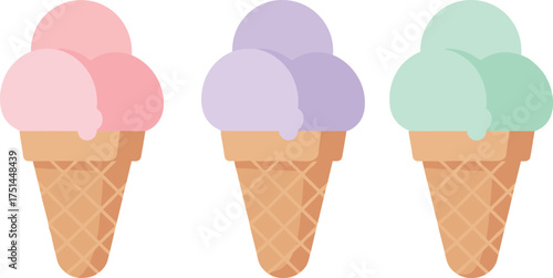 Pastel ice cream cones with colorful scoops, waffle texture, summer dessert illustration, sweet treat vector art for food design themes