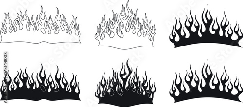 A collection of stylized fire and flame graphic elements in black silhouette and outline, perfect for hot rod vehicle decals and tattoo art concepts