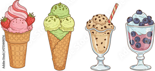 Vector illustration of assorted frozen desserts including ice cream cones, milkshake, yogurt parfait with fruits, whipped cream, strawberries, blueberries, pistachio scoops