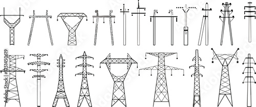 Electrical transmission towers, utility poles, power line structures, energy infrastructure, high voltage grid, electricity distribution, industrial engineering, lattice tower, monopole