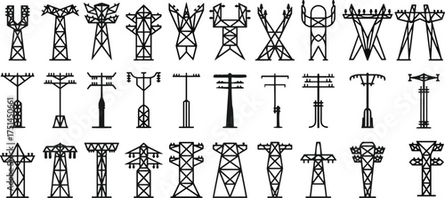 Electrical transmission towers, utility poles, power lines, energy infrastructure, industrial engineering, electricity distribution, high voltage grid, urban and rural network