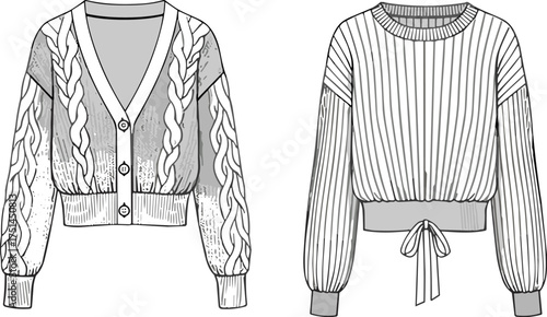Fashion illustration, hand drawn sweater design, cable knit cardigan, ribbed pullover, textile sketch, garment construction, knitwear pattern, clothing design art