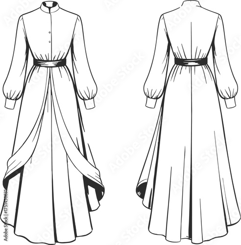 Elegant fashion illustration, long sleeve dress, high collar design, button down front, belted waist, voluminous sleeves, flowing skirt, garment sketch