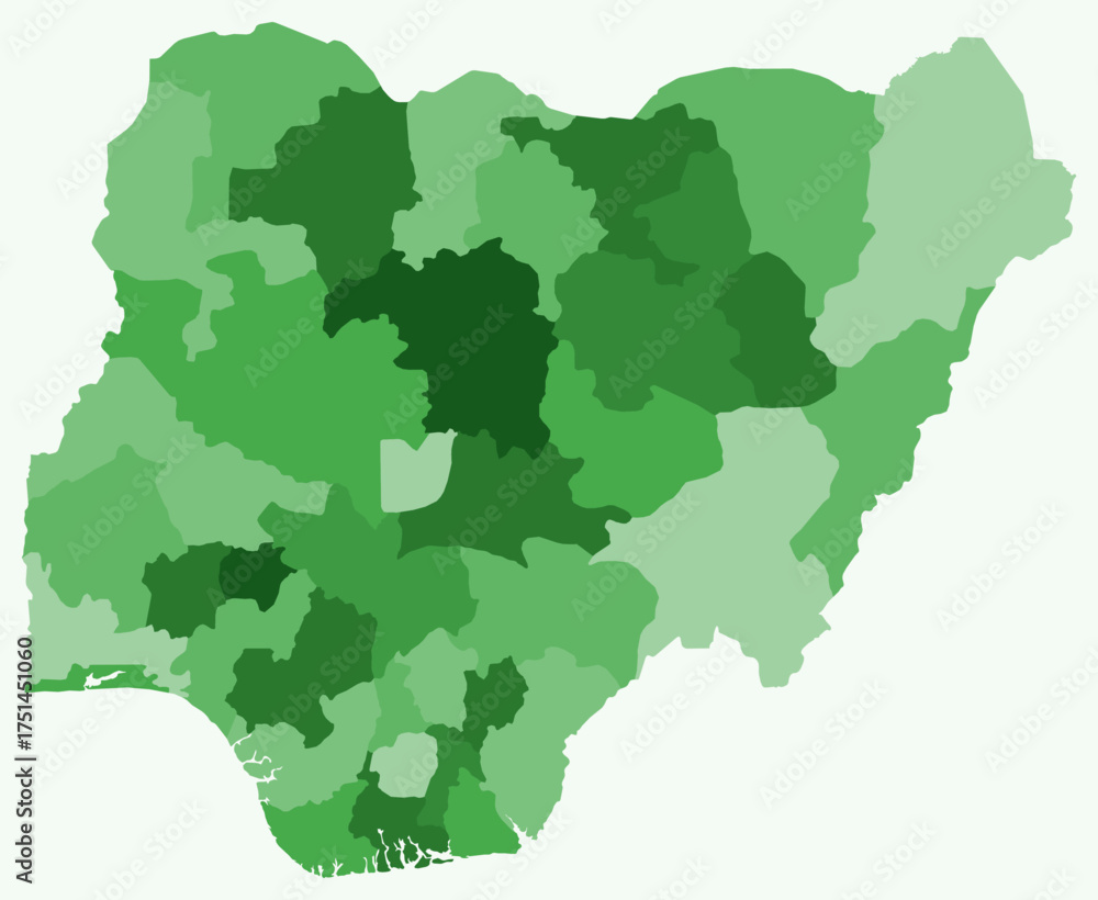 Fototapeta premium Map of Nigeria with regions. Just a simple country border map with region division. Green color palette. Blank Federal Republic of Nigeria shape with administrative division. Vector illustration.