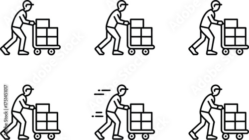 Delivery Person Pushing Cart with Boxes, Icon Set