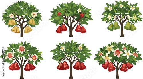 Fruit trees illustration, pear tree, red fruit tree, green fruit tree, blooming flowers, botanical design, agriculture concept, seasonal harvest collection