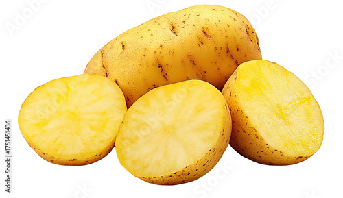 Yellow potatoes whole and sliced halves with firm flesh