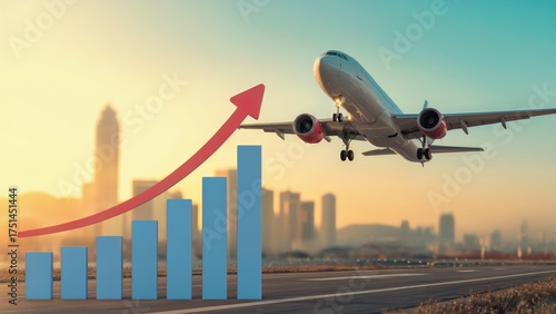 Aviation industry soaring high with upward trend represented by airplane taking off over growing graph