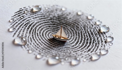 Tiny boat in a giant fingerprint, macro water droplet around edge
