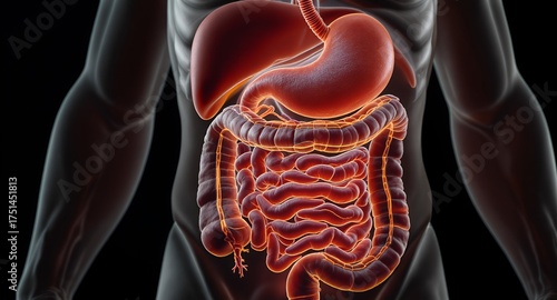 Anatomical illustration of the digestive system with glowing internal organs