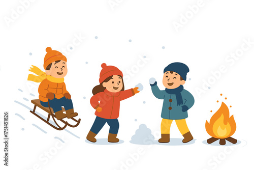 Joyful kids enjoying snowy winter fun, sledding and snowball fights