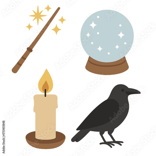 Mystical magic elements conjure fortune telling and enchantment