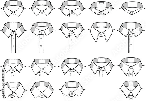 Shirt collar design collection, fashion illustration set, men’s clothing style reference, tailoring details, button down, spread collar, garment manufacturing guide