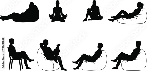 Silhouette people sitting, relaxed poses, meditation, bean bag, chair, leisure lifestyle, casual posture, ergonomic design, comfort, mindfulness, relaxation, modern interior, human figure