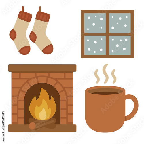 Cozy winter scene with fireplace, stockings, hot drink, and snow