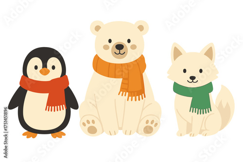 Cute arctic animals with warm scarves ready for winter fun