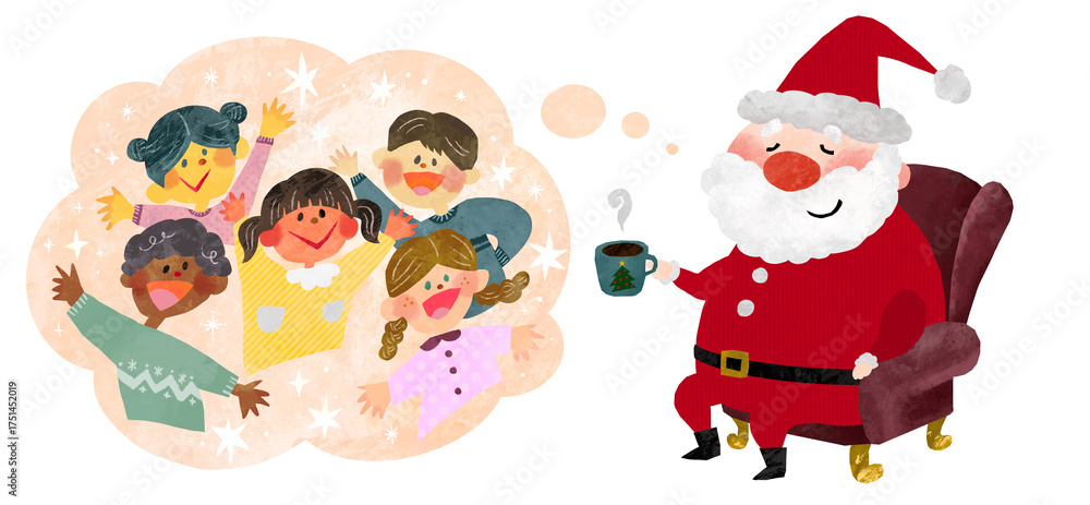 Fototapeta premium クリスマスを喜ぶ世界の子供たちの事を考えているサンタクロースのクリスマスイラスト