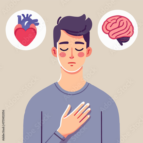 Flat Illustration of a Man Pensive with Hands on Chest Harmonizing Heart and Mind