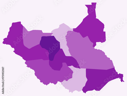 Map of South Sudan with regions. Just a simple country border map with region division. Purple color palette. Flat South Sudan shape with administrative division. Vector illustration.
