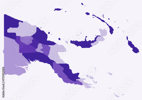 Map of Papua New Guinea with regions. Just a simple country border map with region division. Deep purple color palette. Flat Papua New Guinea shape with administrative division. Vector illustration.