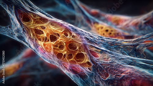 Fibrous connective tissue window revealing collagen lattice with pores and tension lines, representing scaffolds for cell attachment biomechanics and medical visualization
