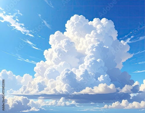 Majestic Cumulus Clouds in a Bright Blue Sky White Puffy Clouds in Atmospheric Perspective Aerial View Weather Scenery Cloudscape Art Illustration