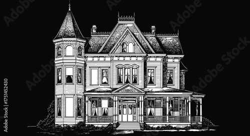 Victorian house illustration, detailed architectural drawing, ornate turret design, wraparound porch, vintage home exterior, historic architecture, blue stylized rendering, classic