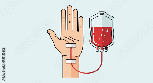Flat design icon of a hand with an intravenous line connected to a blood bag for transfusion or donation, illustrating a medical concept