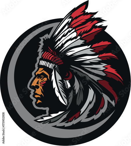 Round Badge Style Vector Illustration of Native American Indian Chief Head with Dark Background and Tribal Feather Headdress Design